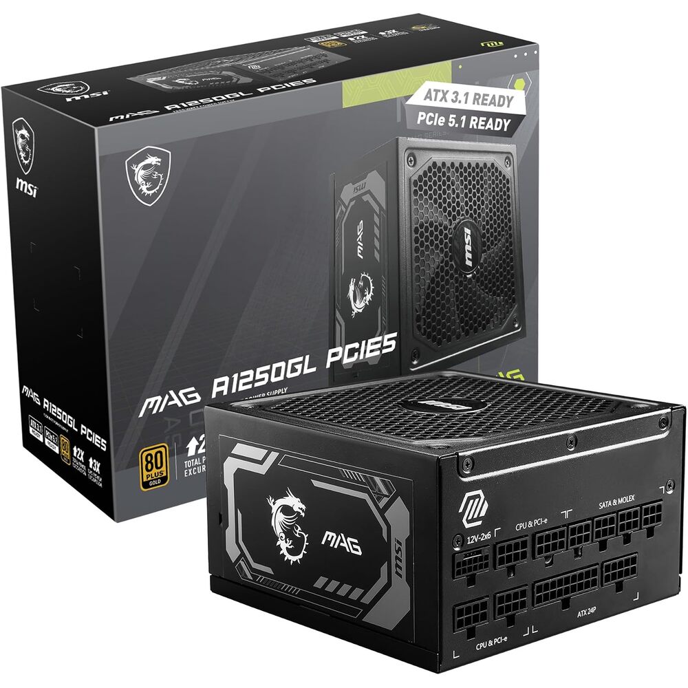 MSI MAG A1250GL PCIE5, Fully Modular Compact Gaming 1250W Power Supply, 80+ Gold, ATX 3.1 & PCIe 5.1 Ready, Native Dual-Color 12V-2x6 Cable, 10 Year Warranty