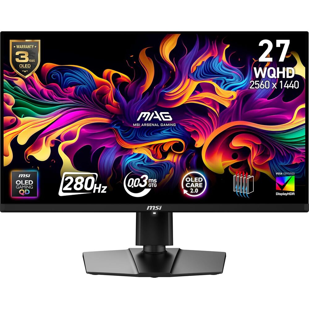 msi, MAG 271QP QD-OLED X28, 27-Inch, WQHD, 2560x1440, Gaming Monitor, Quantum Dot OLED Panel, 280Hz, 0.03ms, DisplayHDR True Black 400, HDMI 2.1, DP 1.4a, USB C (15WPD), Tilt/Height Adjustable, Black