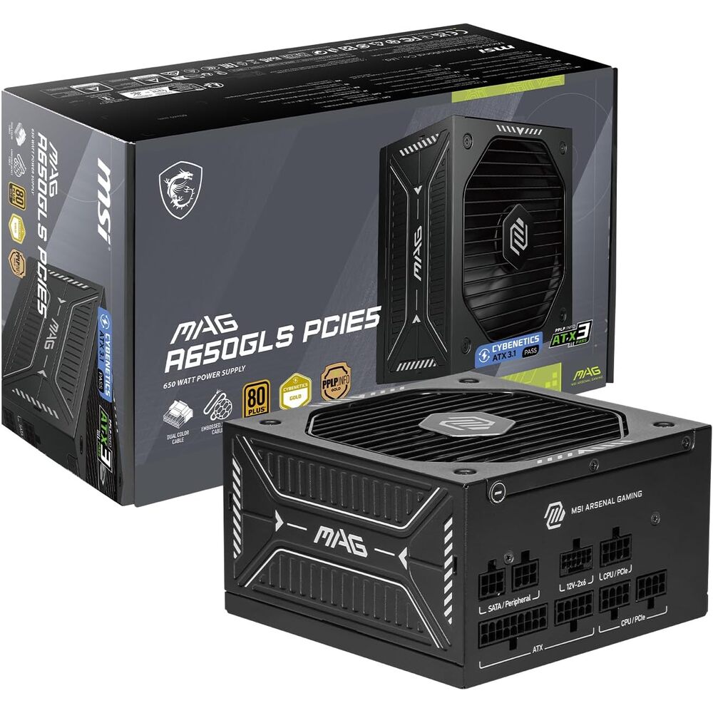 MSI MAG A650GLS PCIE5, Fully Modular Compact Gaming 650W Power Supply, 80+ Gold, ATX 3.1 & PCIe 5.1 Ready, Native Dual-Color 12V-2x6 Embossed Jacket Cables, Low-Noise, 10 Year Warranty