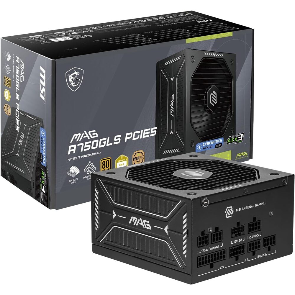 MSI MAG A750GLS PCIE5, Fully Modular Compact Gaming 750W Power Supply, 80+ Gold, ATX 3.1 & PCIe 5.1 Ready, Native Dual-Color 12V-2x6 Embossed Jacket Cables, Low-Noise,10 Year Warranty