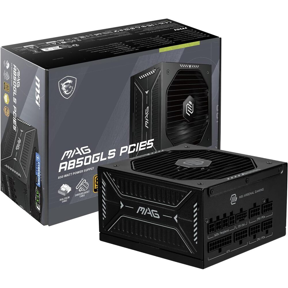 MSI MAG A850GLS PCIE5, Fully Modular Compact Gaming 850W Power Supply, 80+ Gold, ATX 3.1 & PCIe 5.1 Ready, Native Dual-Color 12V-2x6 Embossed Jacket Cables, Low-Noise, 10 Year Warranty