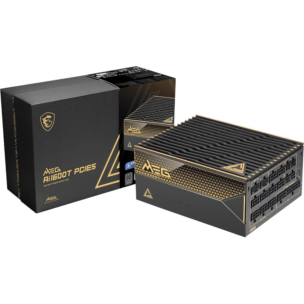 MSI MEG Ai1600T PCIE5, Fully Modular Gaming 1600W Power Supply, 80+ Titanium, Dual 12V-2x6 Cables, Server-Grade Capacitor, ATX 3.1 & PCIe 5.1 Ready, Low-Noise, Braided, 12 Year Warranty