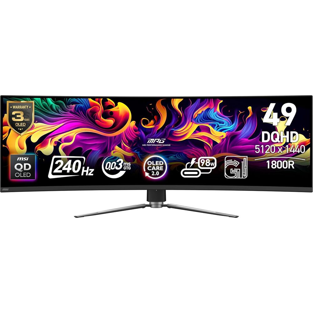 msi MPG 491CQPX QD-OLED 49-inch QD-OLED 5120 x 1440 (DQHD) Computer Monitor, 240Hz, G-SYNC Compatible, HDMI, Display Port, VGA Port, VESA Mountable, Tilt, Height Adjustable, Speaker, 0.03ms, Black