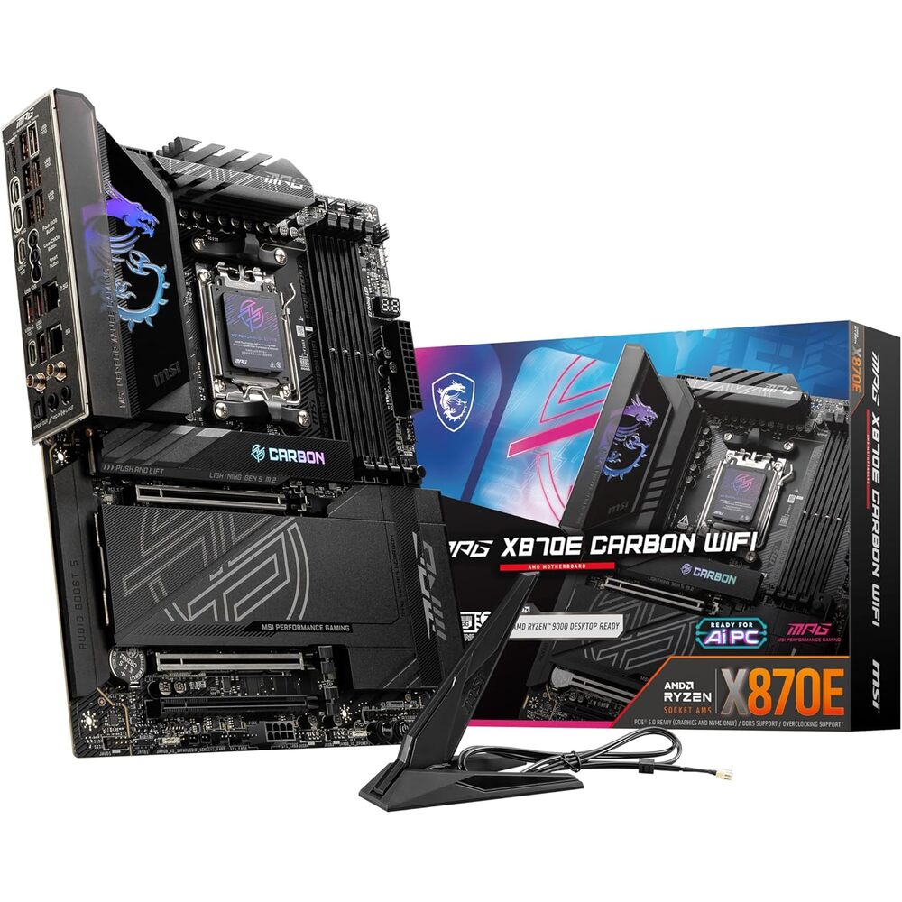 MSI MPG X870E Carbon WiFi Gaming Motherboard (AMD Ryzen 9000/8000/7000 Series Processors, AM5, DDR5, PCIe 5.0, M.2 Gen5, SATA 6Gb/s, USB 40Gbps, HDMI, Wi-Fi 7, Bluetooth 5.4, 5Gbps LAN, ATX)