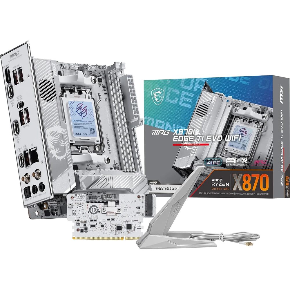 MSI MPG X870I Edge TI EVO WiFi Motherboard, ITX - Supports AMD Ryzen 9000/8000 / 7000 Processors, AM5-110A SPS VRM, DDR5 Memory Boost (up to10000+MT/s OC), PCIe 5.0 x16, M.2 Gen5, Wi-Fi 7, 5G LAN