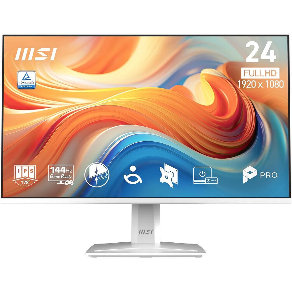 msi PRO MP243W E14 24-inch IPS 1920 x 1080 (FHD) Computer Monitor, 144Hz, Adaptive-Sync, HDR Ready, HDMI, Display Port, VESA Mountable, Tilt, 4-Side Slim Bezel, 1ms, White