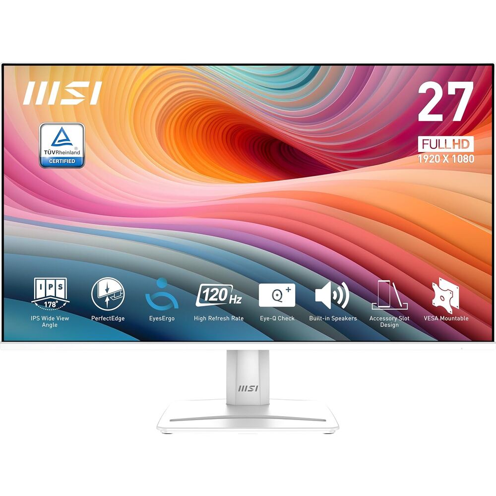 msi PRO MP275W E2 27-inch IPS 1920 x 1080 (FHD) Gaming Office Monitor, 120Hz, Free-Sync, HDMI, DisplayPort, VGA Port, VESA Mountable, Tilt, Speaker, 4-Side Slim Bezel 1ms, White