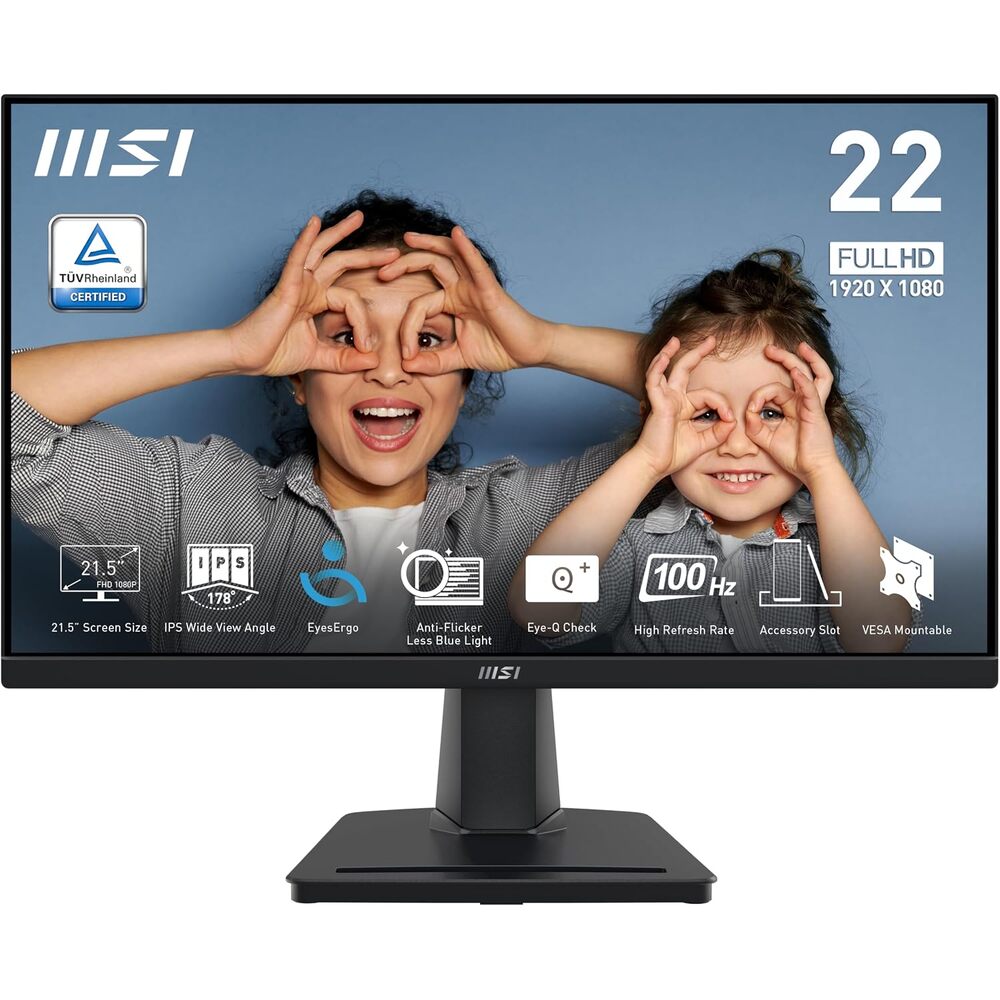 msi PRO MP225, 22-inch IPS 1920 x 1080 (FHD) Computer Monitor, 100Hz, Adaptive-Synch, HDMI, Video Port, VESA Mountable, Tilt, 1ms, Black