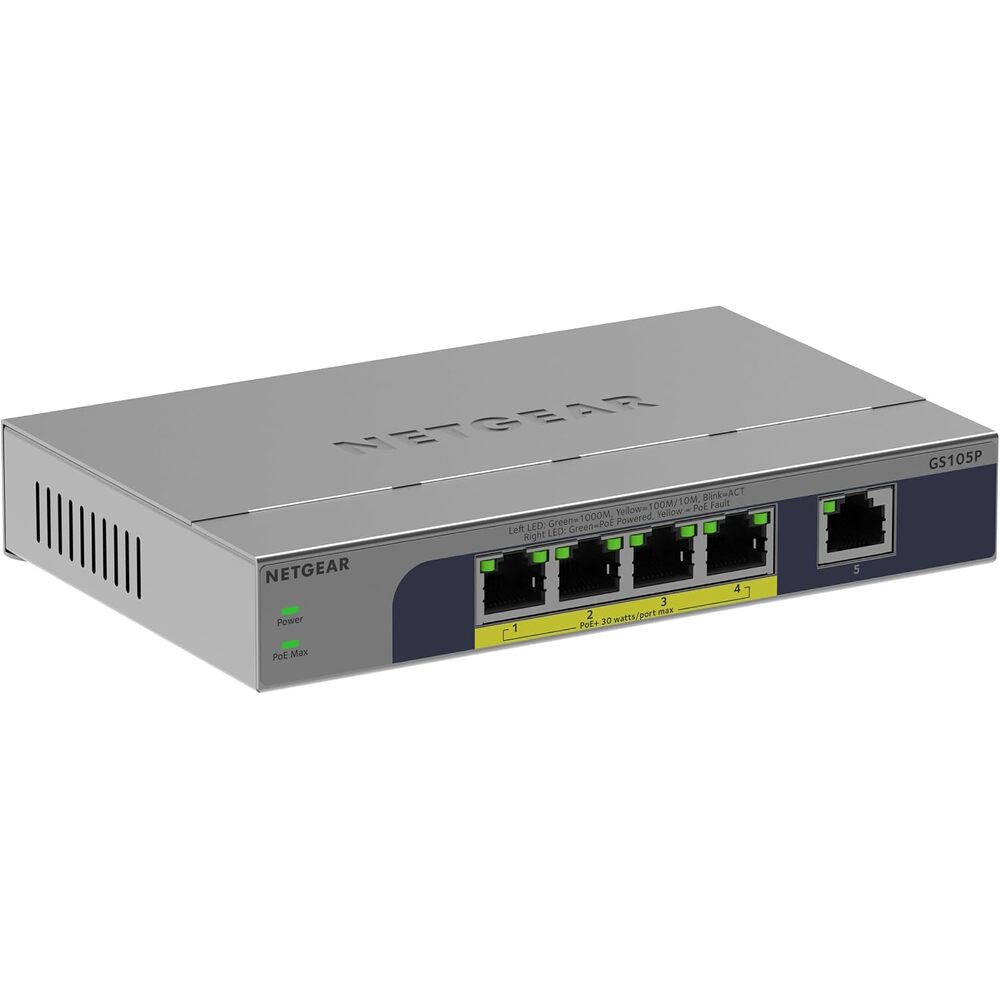 NETGEAR 5-Port Gigabit Ethernet Unmanaged PoE+ Switch - with 4 x PoE+ @ 63W, Dynamic PoE, Fanless, Desktop or Wall Mount (GS105P)