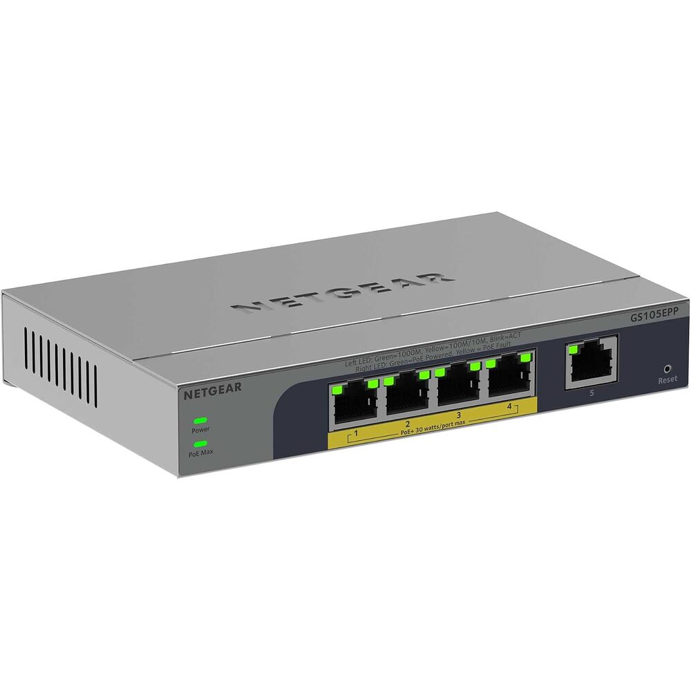 NETGEAR 5-Port Gigabit Ethernet PoE+ Easy Smart Managed Switch - with 4 x PoE+ @ 120W, Fanless, Desktop or Wall Mount (GS105EPP)