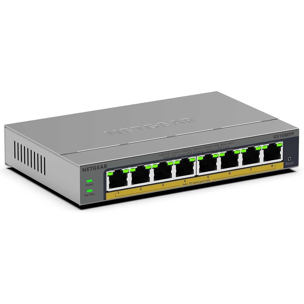 NETGEAR 8-Port Gigabit Ethernet PoE+ Easy Smart Managed Switch - with 8 x PoE+ @ 123W, Fanless, Desktop or Wall Mount (GS108EPP)