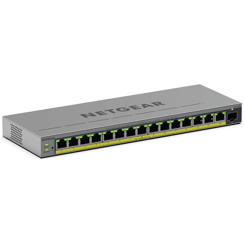 NETGEAR 16-Port Gigabit Ethernet PoE+ Easy Smart Managed Switch - with 15 x PoE+ @ 180W, 1 x SFP, Fanless, Desktop or Wall Mount (GS116EP)