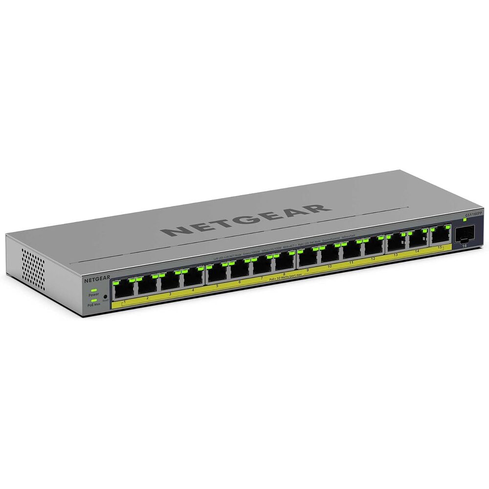 NETGEAR 16-Port Gigabit Ethernet PoE+ Easy Smart Managed Switch - with 15 x PoE+ @ 231W, 1 x SFP, Fanless, Desktop or Wall Mount (GS116EPP)
