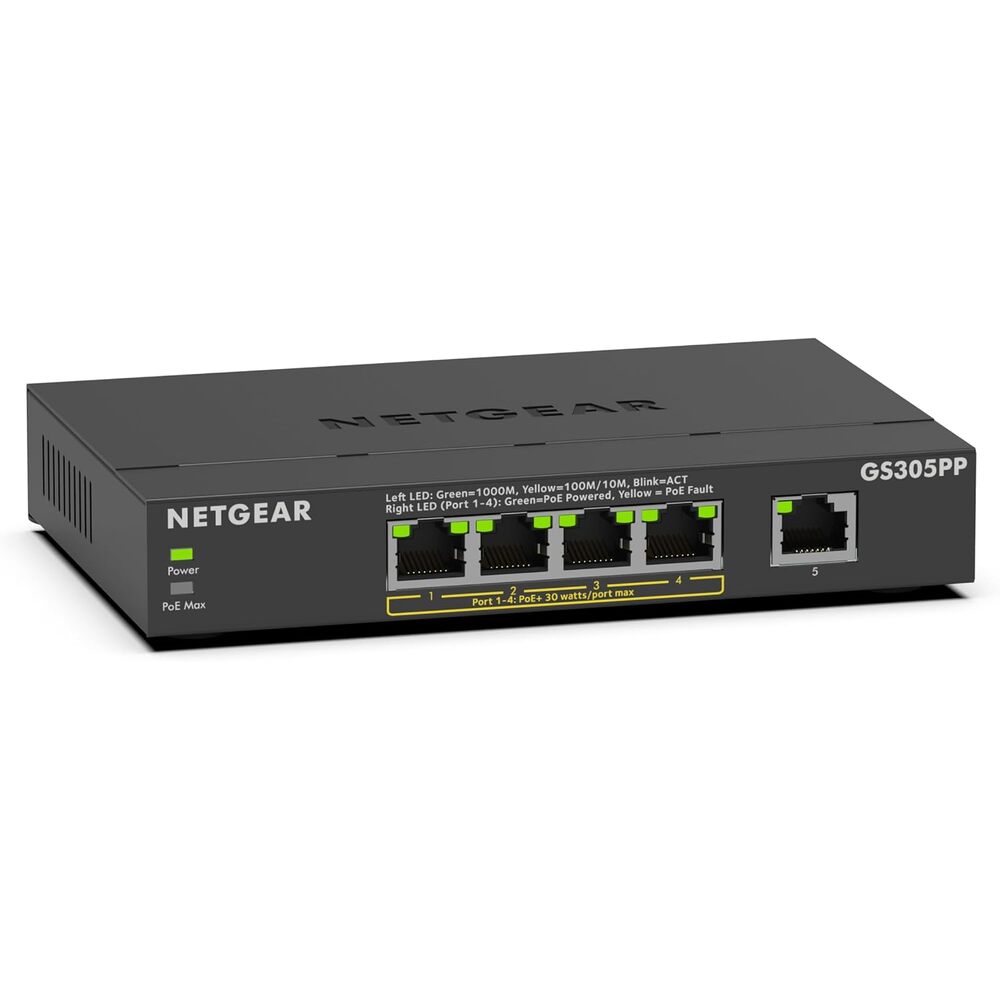 NETGEAR 5-Port Gigabit Ethernet Unmanaged PoE Switch (GS305PP) - with 4 x PoE+ @ 83W, Desktop or Wall Mount