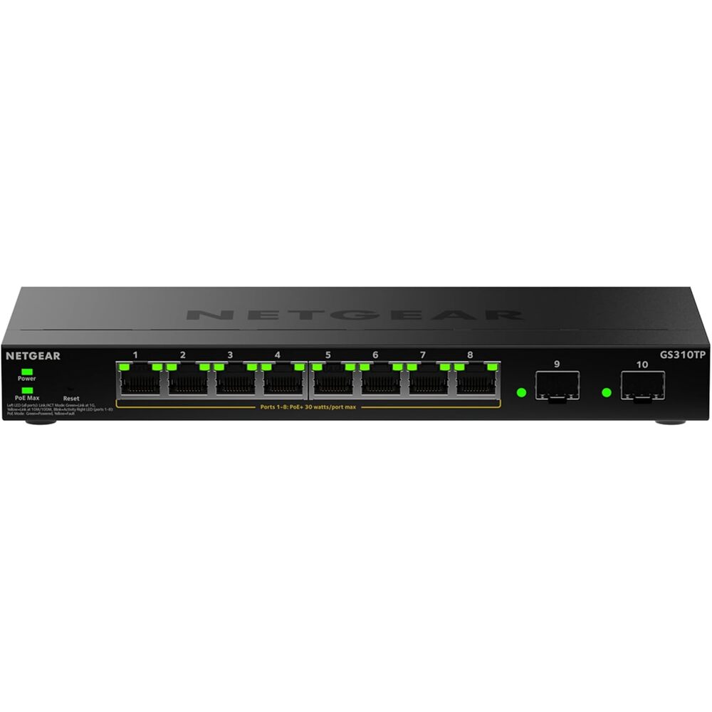 NETGEAR S350 Series 10-Port Gigabit Ethernet PoE+ Smart Managed Essentials Switch � 8 x 1G PoE+ @ 55W, 2 x 1G Dedicated SFP � Desktop or Wall-Mount (GS310TPv2)