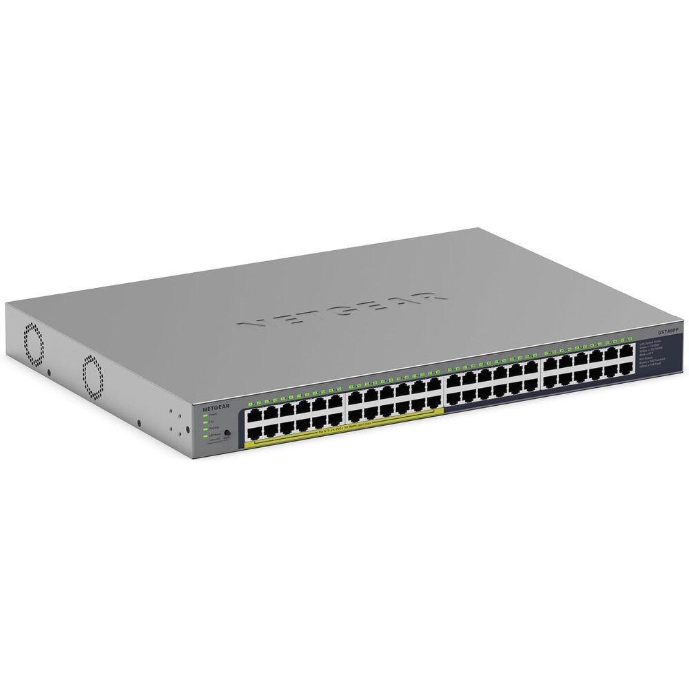 NETGEAR 48-Port Gigabit Ethernet Unmanaged PoE+ Switch - with 24 x PoE+ @ 380W, Dynamic PoE, 96 Gbps, Rackmount or Desktop (GS748PP)