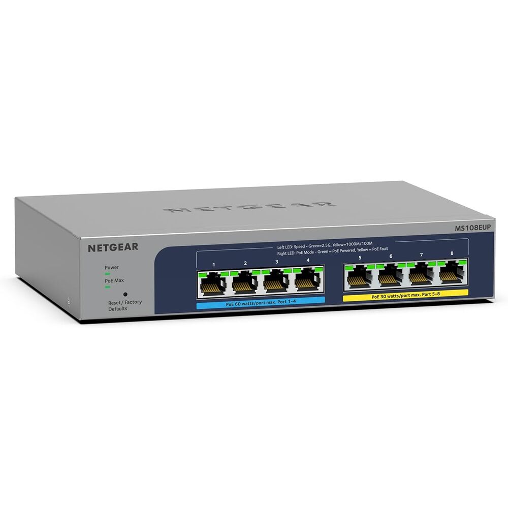 NETGEAR 8-Port PoE Switch, 2.5Gb Switch (MS108EUP) - Multi-Gigabit Easy Smart Managed, 4 x PoE++ and 4 x PoE+ @ 230W, Desktop or Wall Mount