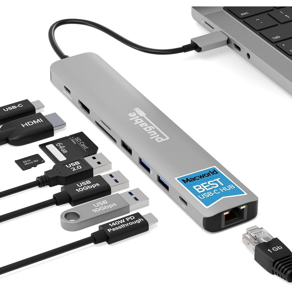 Plugable USB C Hub Multiport Adapter: 9-in-1 with 140W PD Charging, 4K 60Hz HDMI, 10Gbps Data Transfer, Gigabit Ethernet, SD for USBC, USB4, Thunderbolt MacBook, Windows, Chromebook (USBC-9IN1E)