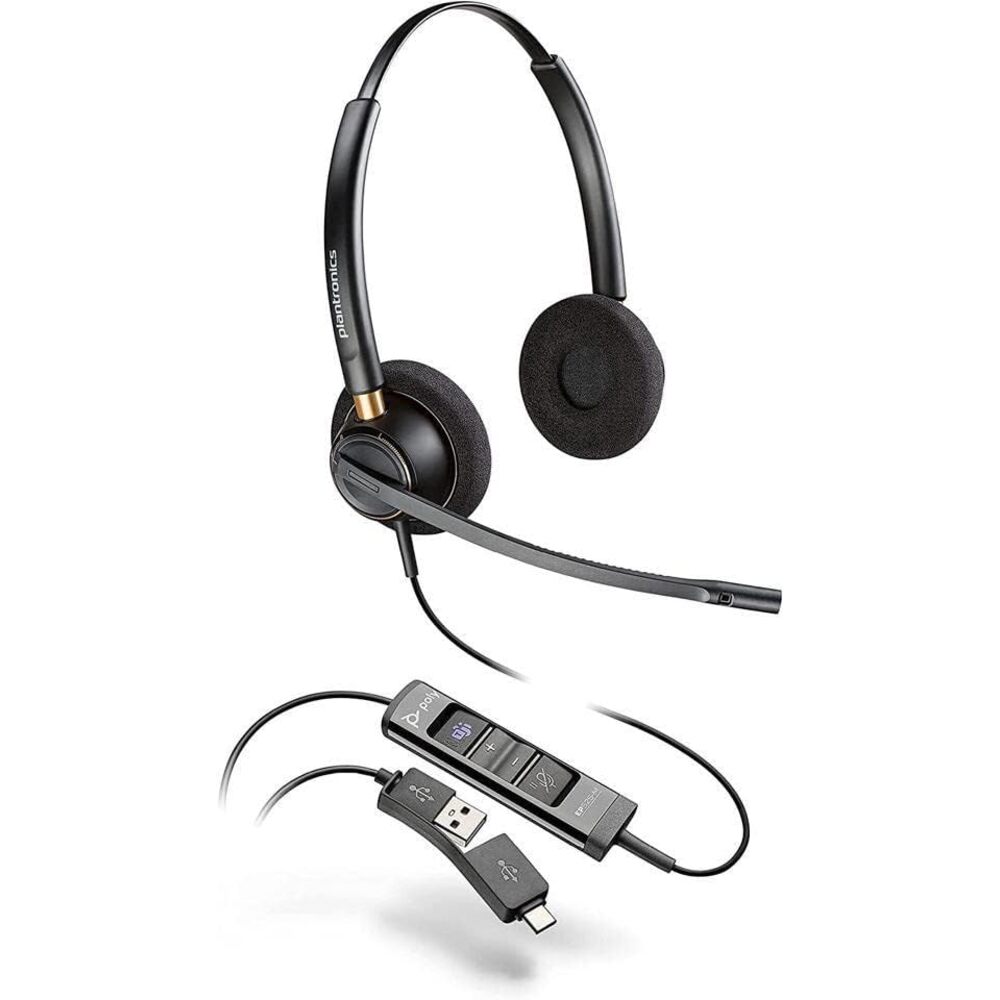 Poly - EncorePro 525-M USB-A and USB-C USB Headset (Plantronics) - Optimized for Teams - Acoustic Hearing Protection - Hold & Call Answer Buttons - Dual Ear Wearing Style,Black