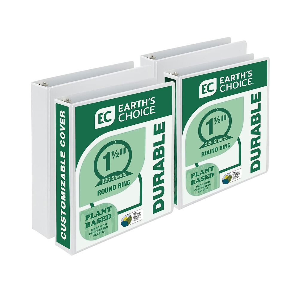 Samsill Plant-Based 1.5 Inch Durable Round Ring, View Binder, Eco-Friendly, USDA Certified Biobased, 4 Pack, White