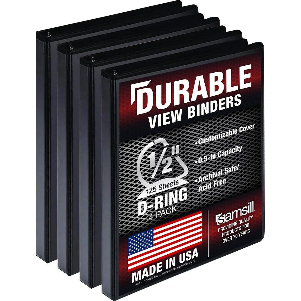 Samsill Durable 0.5 inch 3 Ring Binder, D Ring Binder, 100% Recycled Chipboard, Black, 4 Pack