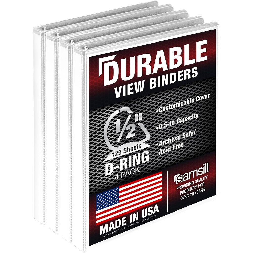 Samsill Durable 0.5 inch 3 Ring Binder, D Ring Binder, 100% Recycled Chipboard, White, 4 Pack