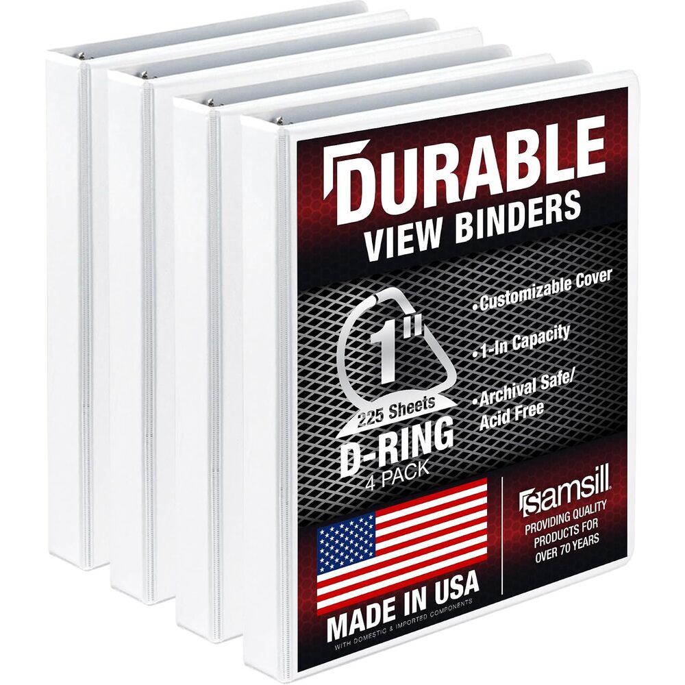 Samsill Durable 1 inch 3 Ring Binder, D Ring Binder, 100% Recycled Chipboard, White, 4 Pack