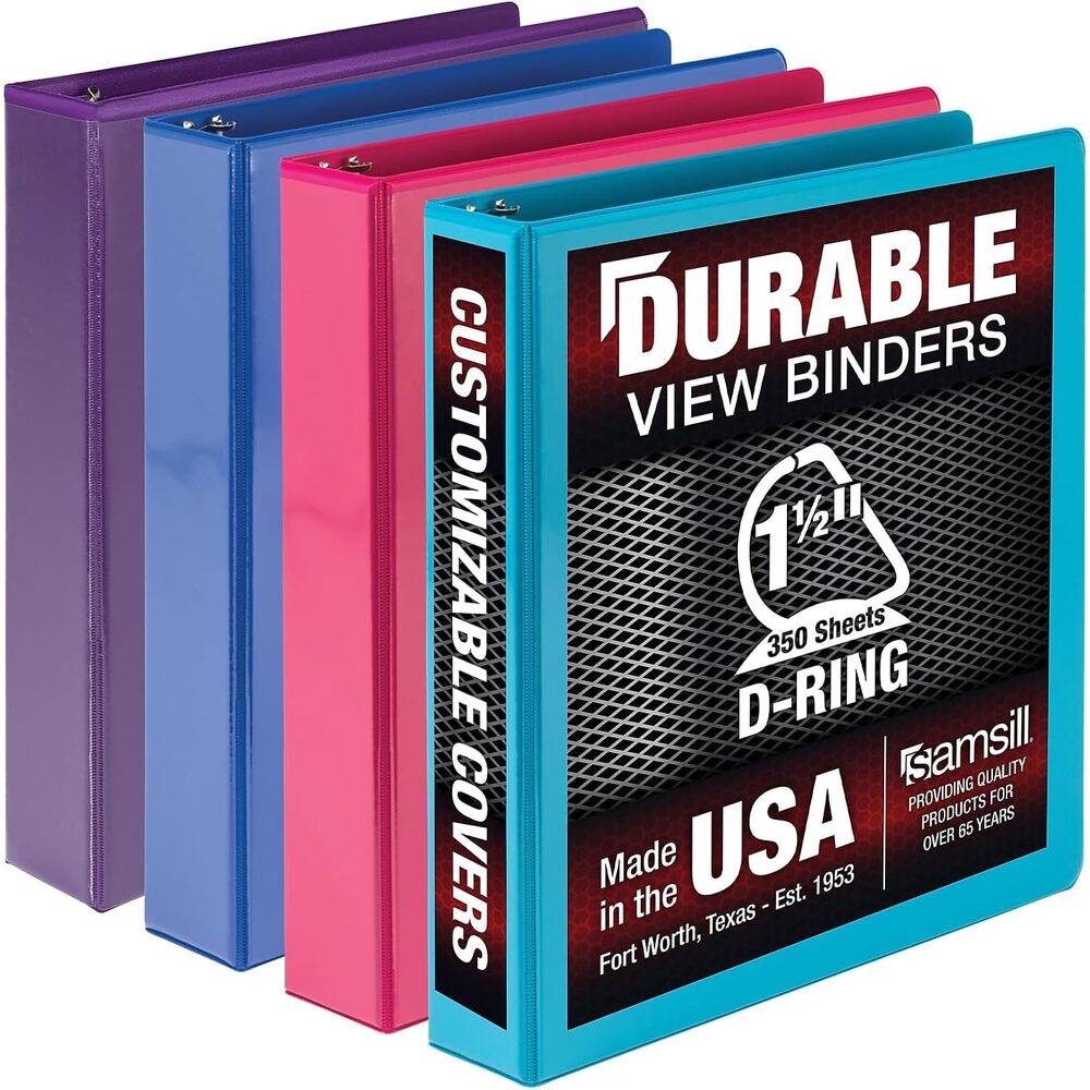Samsill Durable 1.5 inch 3 Ring Binder, D Ring Binder, 100% Recycled Chipboard, Fashion Assortment, 4 Pack
