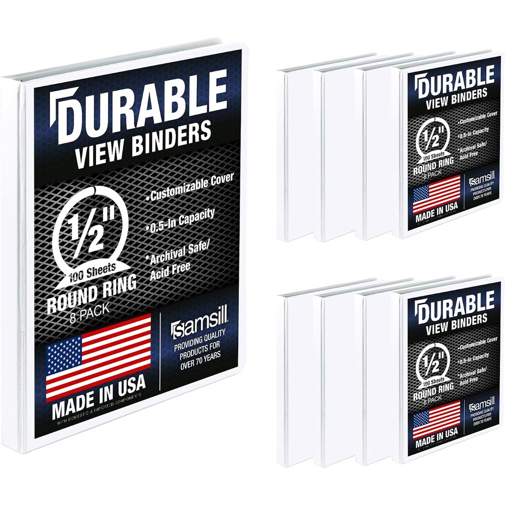 Samsill 8 Pack Durable 0.5 Inch 3 Ring Binders, Round Ring, Clear View Cover for Presentations, White