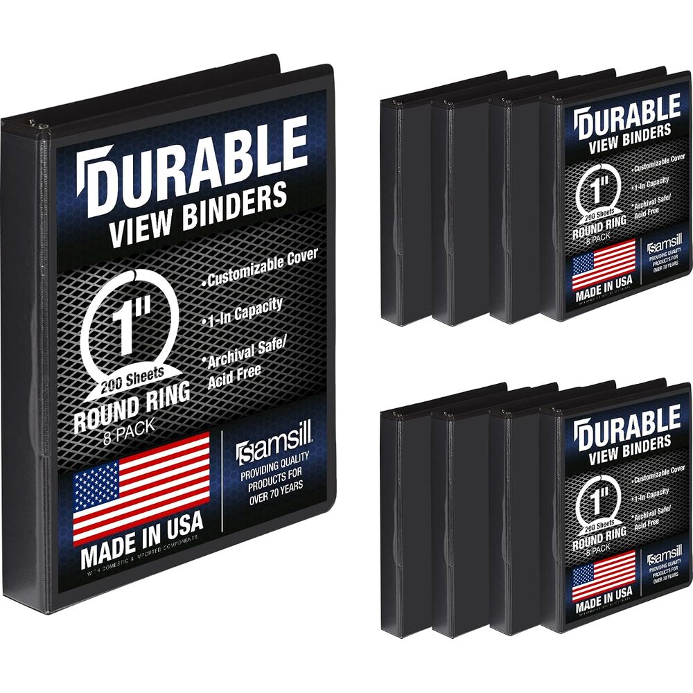 Samsill 8 Pack Durable 1 Inch 3 Ring Binders, Round Ring, Clear View Cover for Presentations, Black