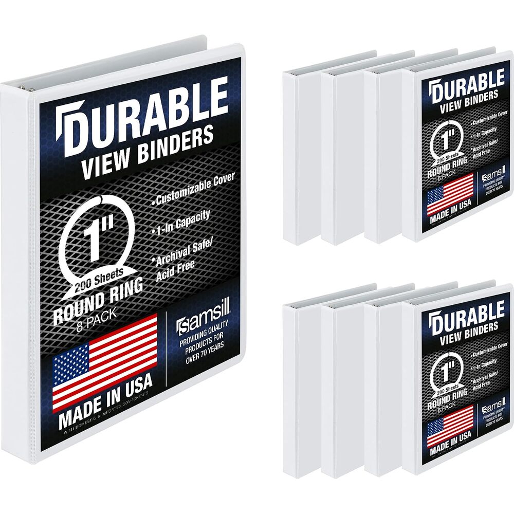 Samsill 8 Pack Durable 1 Inch 3 Ring Binders, Round Ring, Clear View Cover for Presentations, White