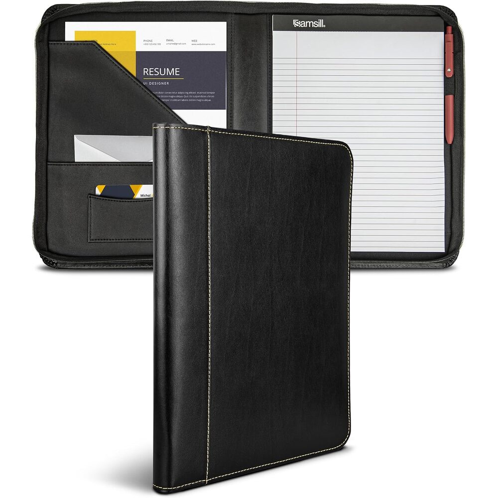 Samsill Contrast Stitch Leather Zippered Portfolio Folder/Business Portfolio for Men and Women, Resume/Document Organizer with Writing Pad, Black (71720)