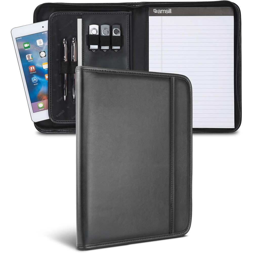 Samsill Professional Padfolio, Faux Leather Junior Portfolio with Zipper, 10.1 Inch Tablet Sleeve, with 7 x 10 Inch Notepad, Black