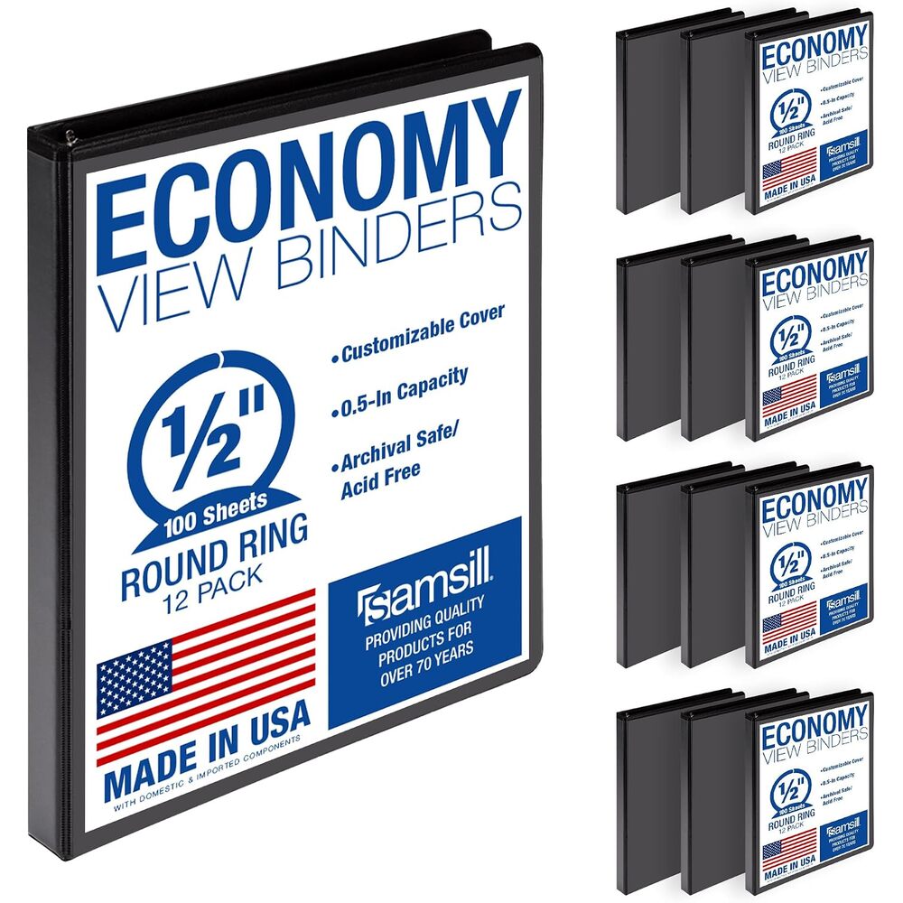 Samsill 0.5 Inch 3 Ring Binders, Economy Round Ring, Clear View Cover, 100 Sheet Capacity - for School, Home, Office - Black, 12 Pack