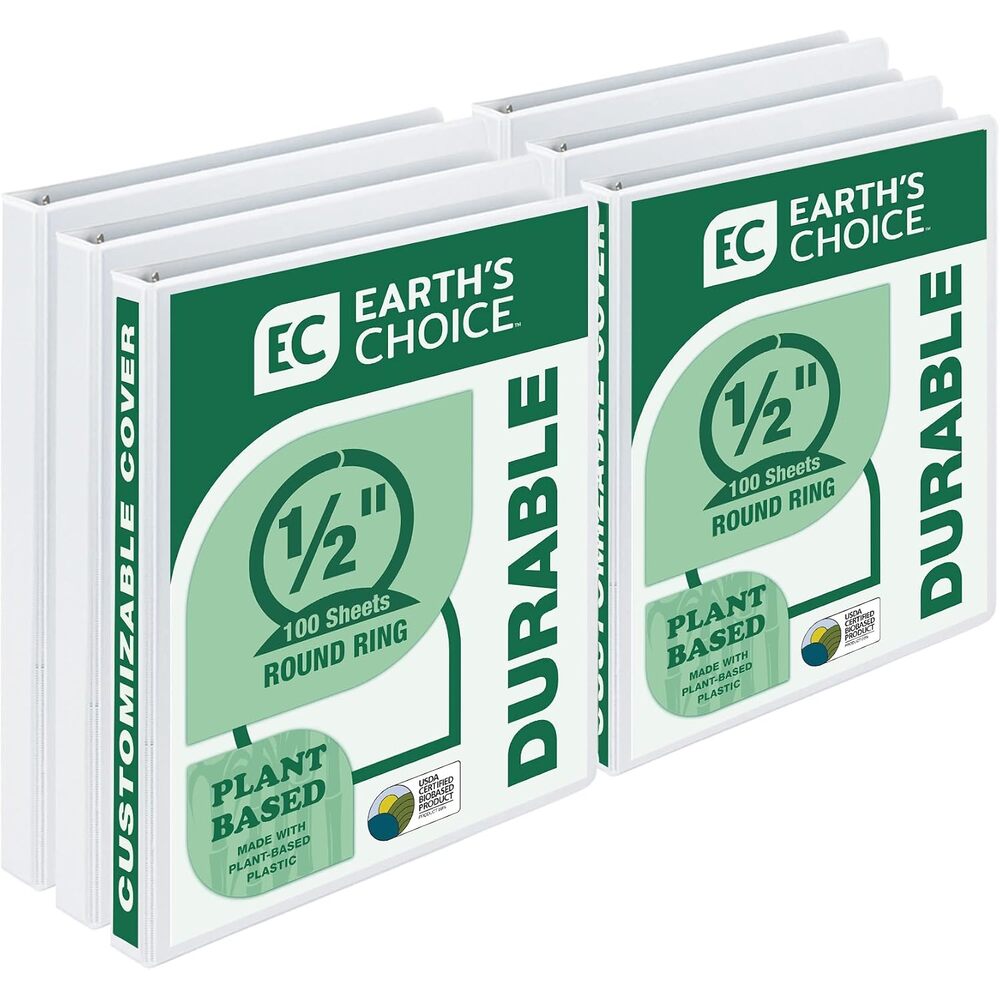 Samsill Plant-Based 0.5 Inch Durable Round Ring, View Binder, Eco-Friendly, USDA Certified Biobased, 6 Pack, White