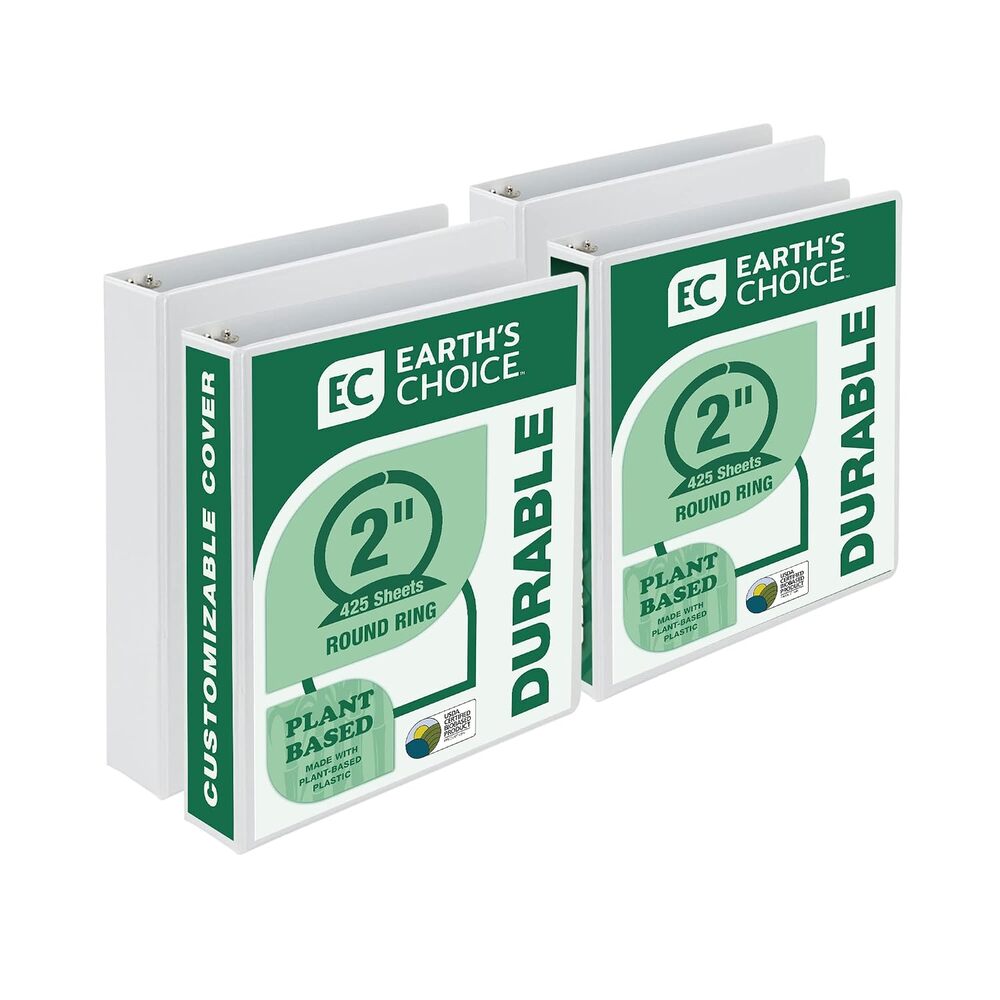 Samsill Plant-Based 2 Inch Durable Round Ring, View Binder, Eco-Friendly, USDA Certified Biobased, 4 Pack, White