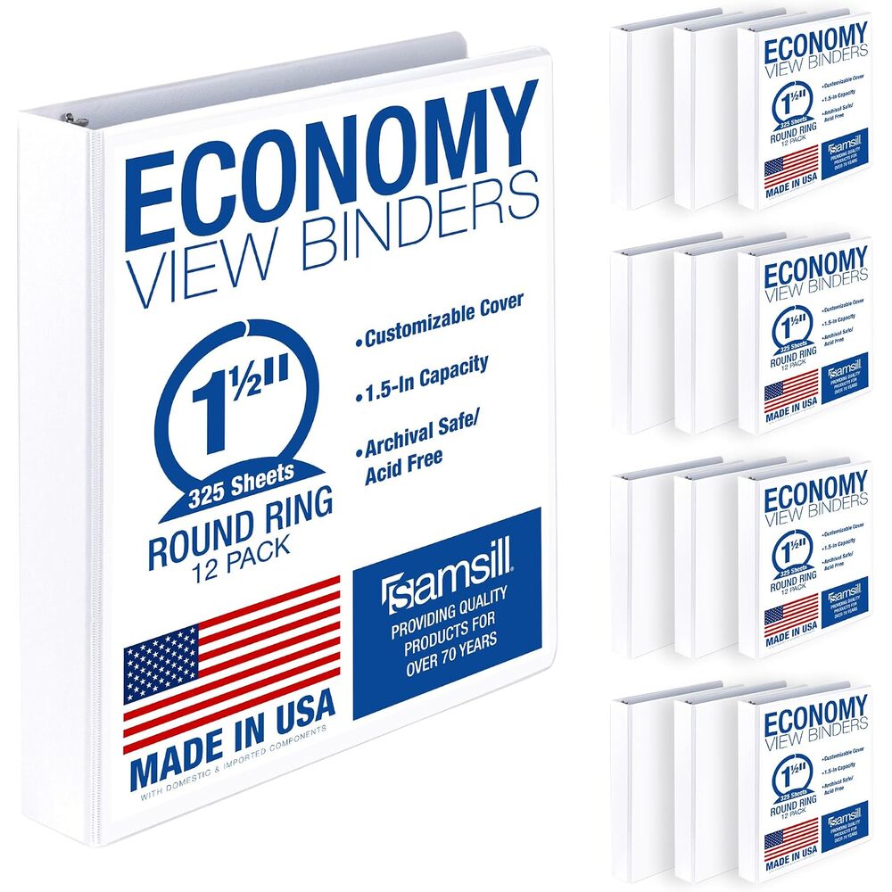 Samsill 1.5 Inch 3 Ring Binders, Economy Round Ring, Clear View Cover, 325 Sheet Capacity - for School, Home, Office - White, 12 Pack