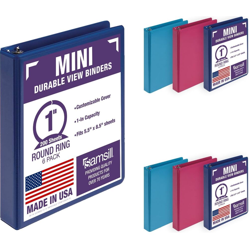 Samsill Economy 1 Inch Mini 3 Ring Binder, Round Ring Binder, Holds 5.5 x 8.5 Inch Documents, Customizable Cover, 1