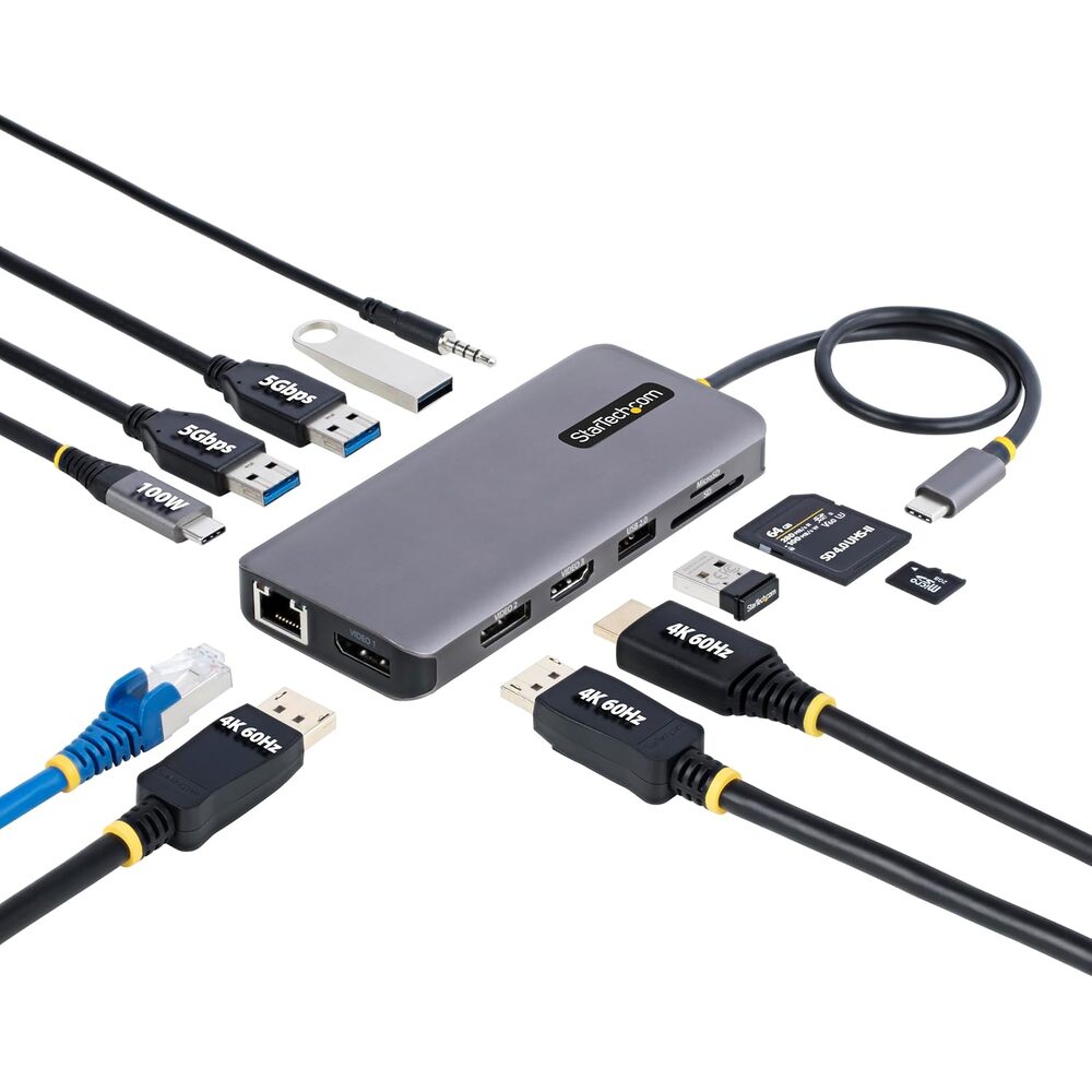 StarTech.com USB-C Docking Station for Windows and ChromeOS, Triple 4K HDMI DP Video, USB 10Gbps Hub, 100W Laptop Charging, GbE, SD, MicroSD