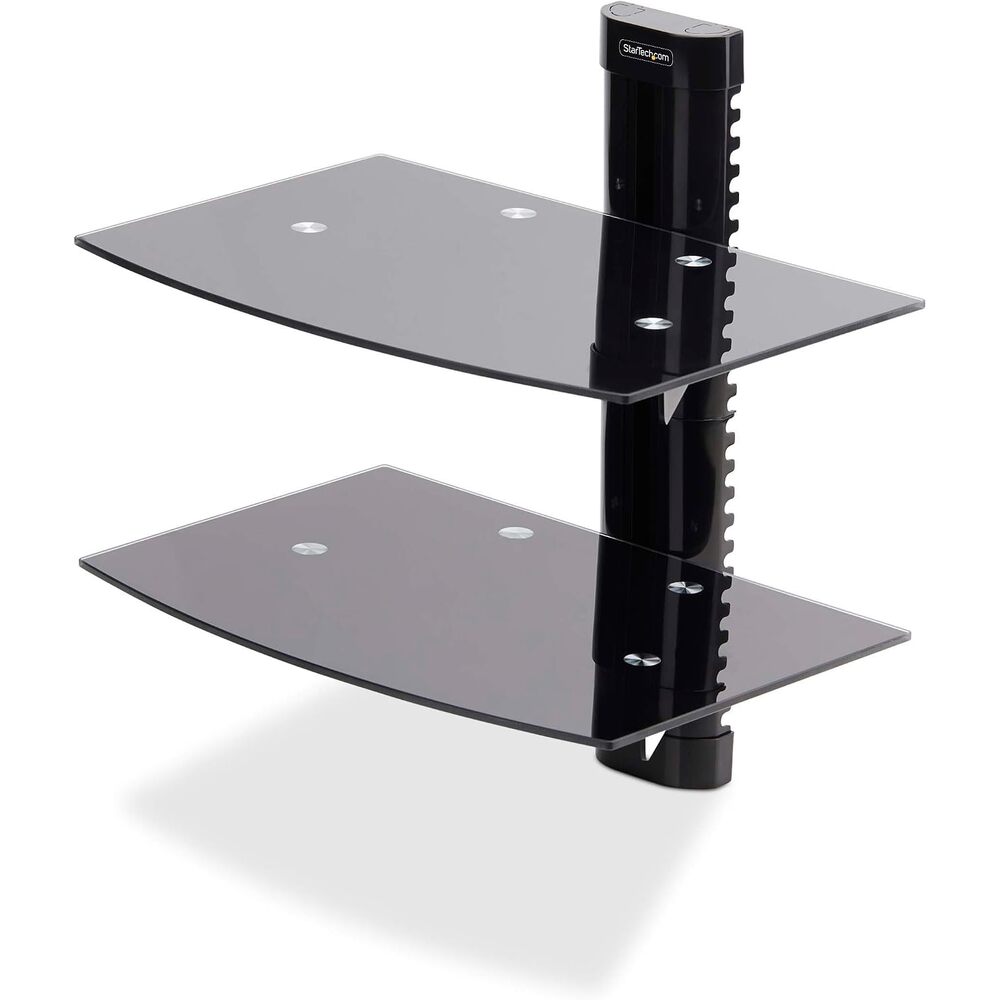 StarTech.com Dual Floating Wall-Mounted AV Shelves, Adjustable Height Shelf for Under TV AV Equipment, Tempered Glass Shelves