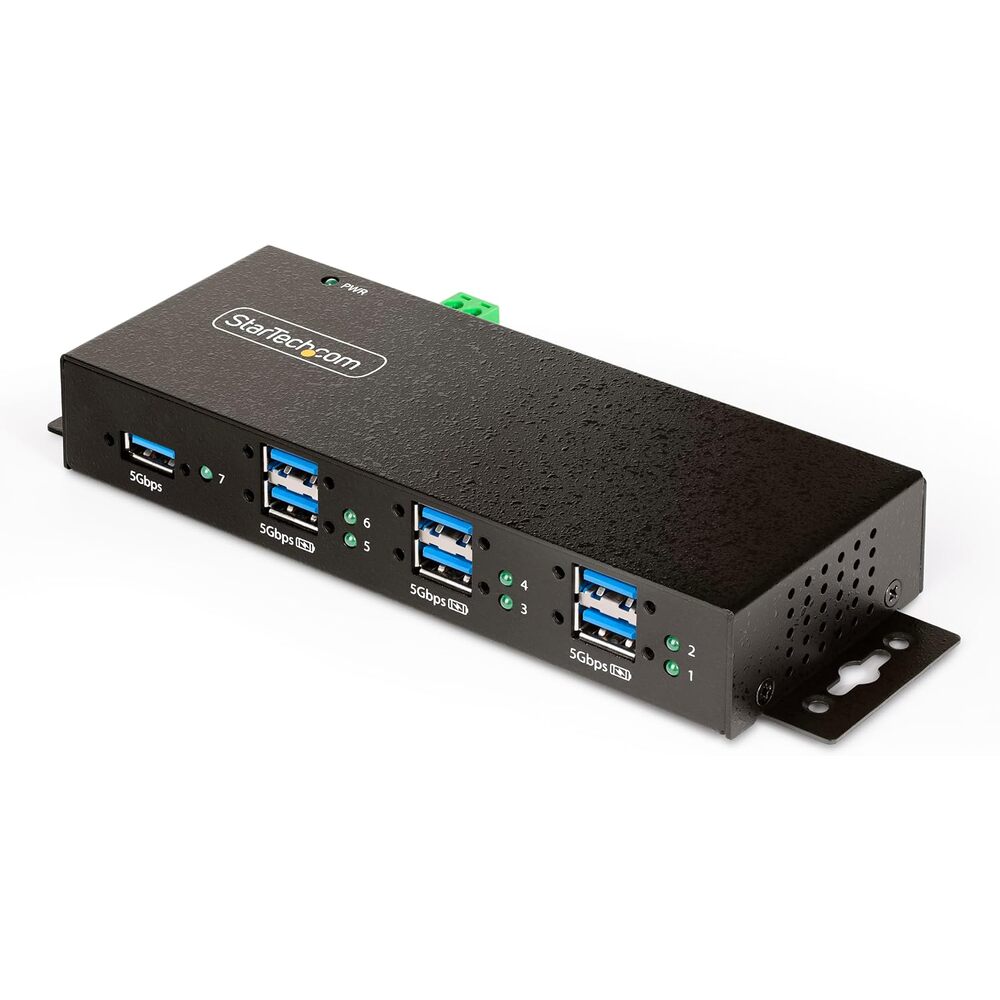 StarTech 7-Port Managed USB Hub 5Gbps, TAA (5G7AINDRM-USB-A-HUB) | 7x USB-A, Heavy-duty metal housing, ESD and surge protection, Wall desk DIN-rail mountable, USB 3.2 Gen 1