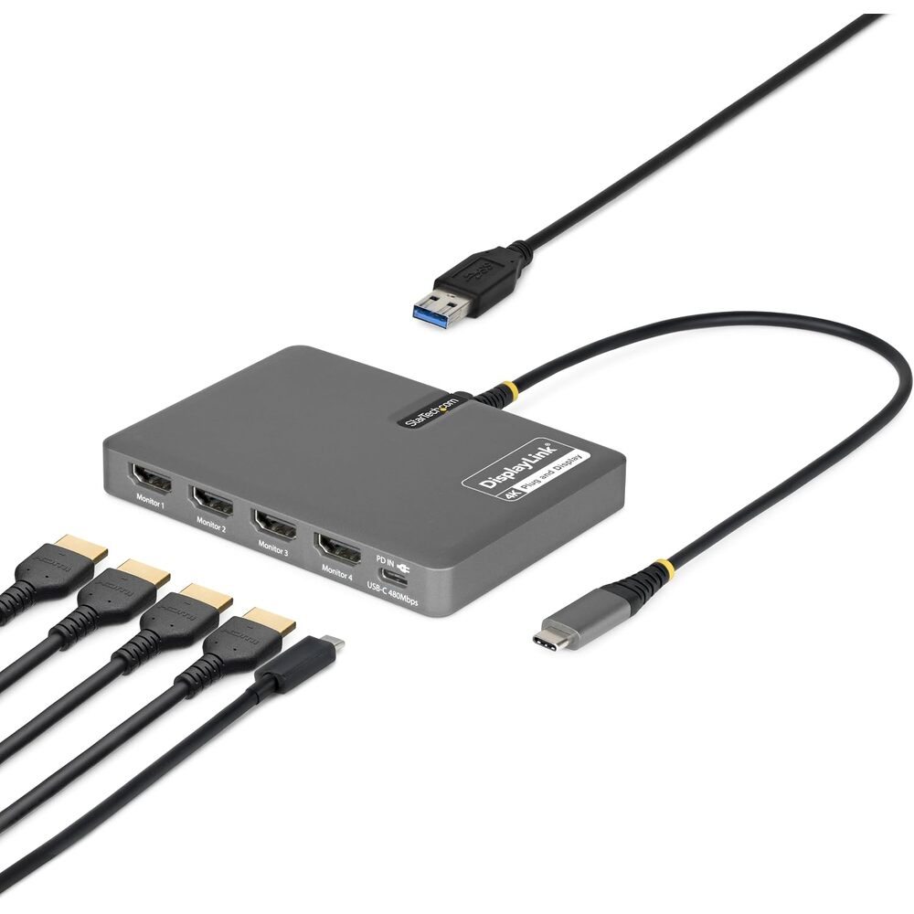 StarTech USB-C to Quad HDMI 4K60 Workstation Dock, 140W PD Passthrough, USB for Keyboard and Mouse, Windows, Mac M1-M5, USB4, Thunderbolt Laptops, DisplayLink DL7400, TAA