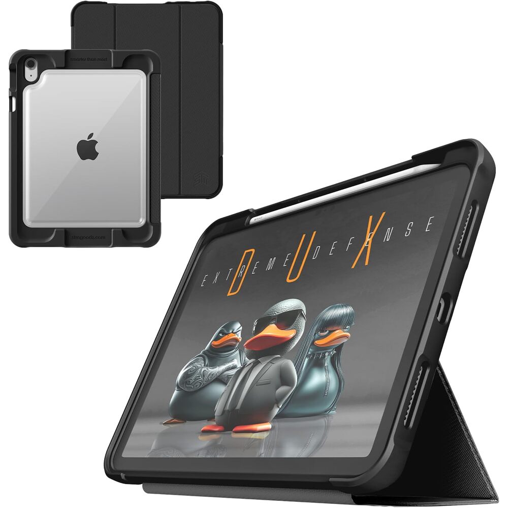 STM Dux Ultra Case for iPad A16/10th Gen � Rugged MIL-SPEC Drop Protection, Snap Magnetic Stand, Pencil & Crayon Storage, Clear Back, Auto Sleep/Wake � Black