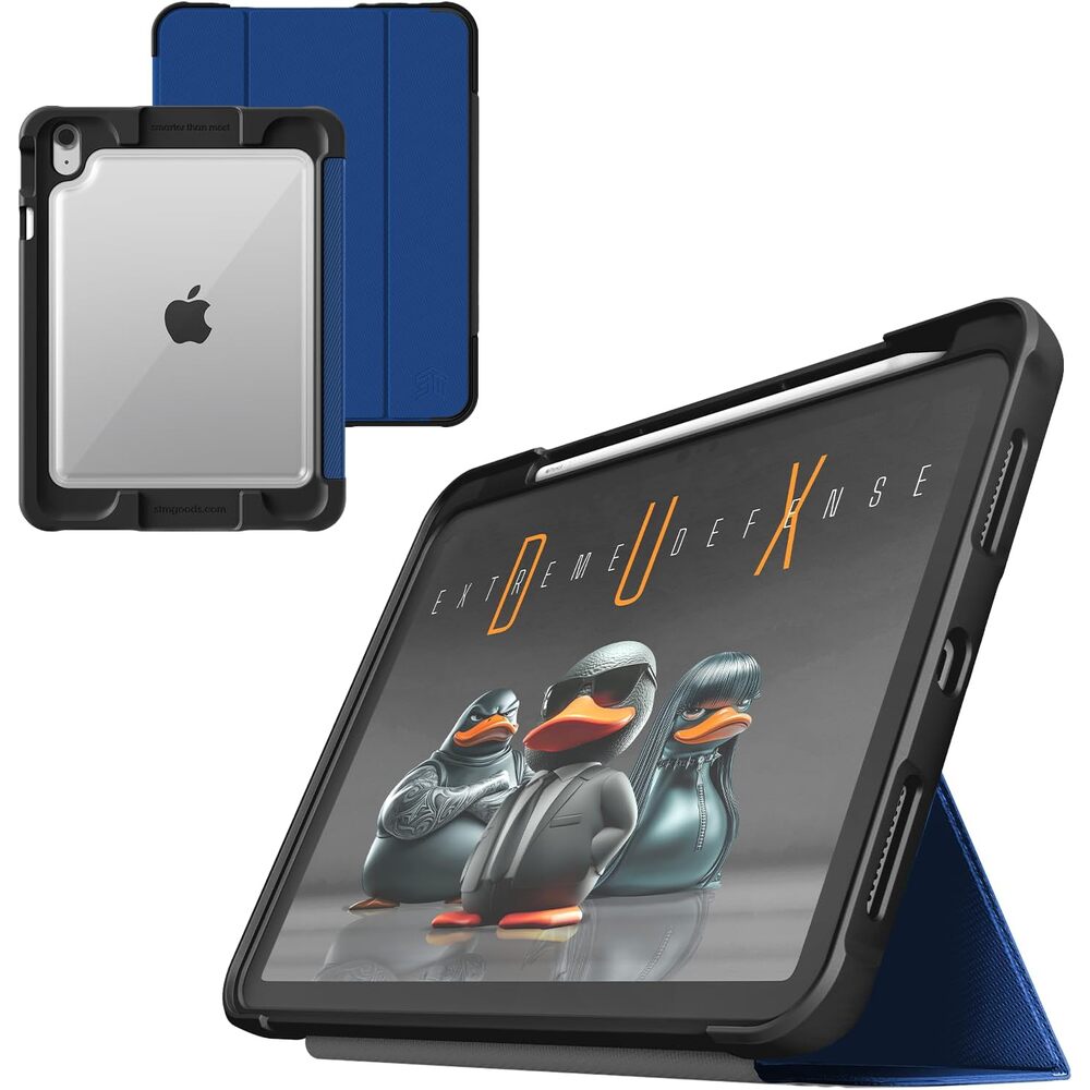STM Dux Ultra Case for iPad A16/10th Gen � Rugged MIL-SPEC Drop Protection, Snap Magnetic Stand, Pencil & Crayon Storage, Clear Back, Auto Sleep/Wake � Blue