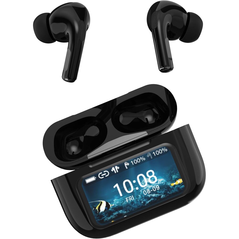 IQ Sound IQ-341 ANC & ENC Bluetooth Earphone with Touchscreen Display Charging Case, True Wireless Earbuds, Stereo Sound, Dual Mic, Voice Assistant, In-Ear Detection, USB-C Charging (Black)