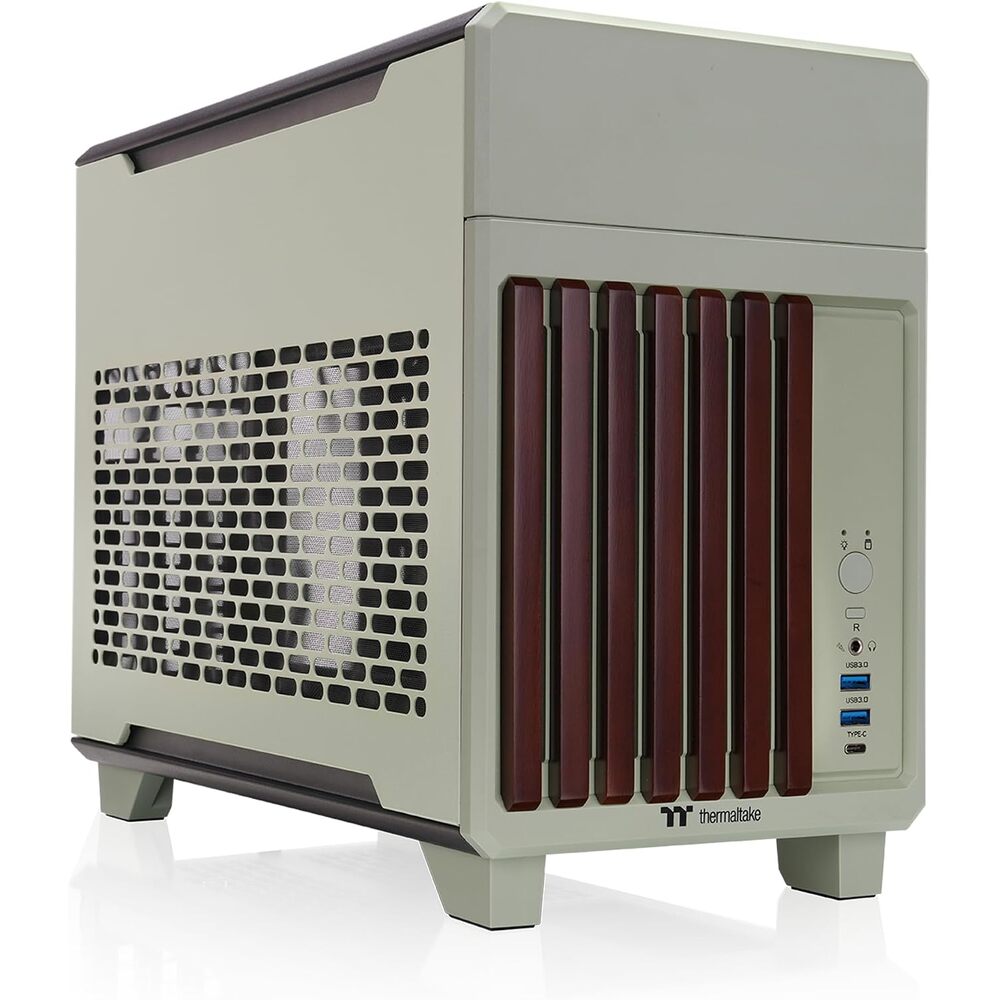 Thermaltake TR100 WS; Wood Front Trim; mITX Support; 18.9 Liters; PCIe 4.0 Riser Cable Included; 360mm GPU Clearance; 280mm Radiator Support; Removable PCIe Bracket; Matcha Green; CA-11A-00SENN-WS