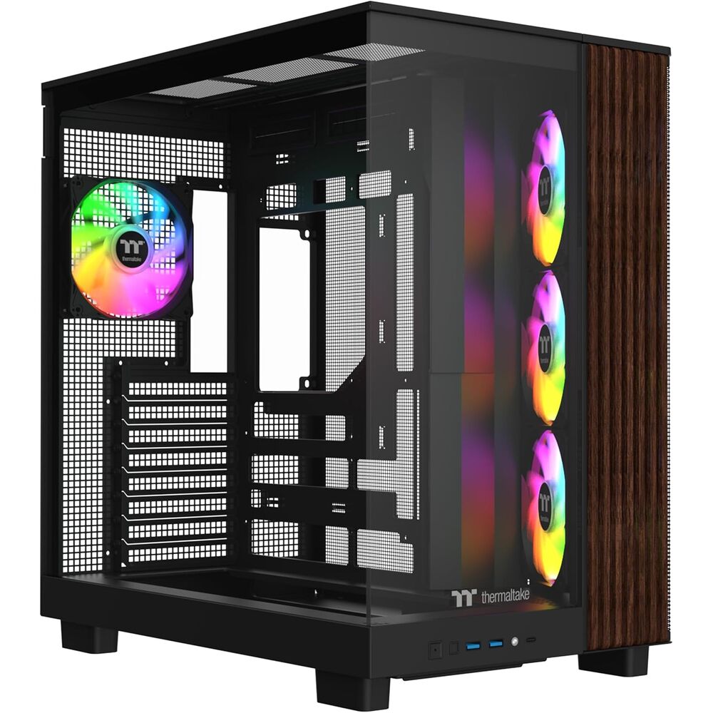Thermaltake View 380 XL WS ARGB; Mid Tower Chassis; Side Wood Trim; 4x120mm ARGB Lite Fans Included; 420mm GPU Clearance; ATX/mATX/mITX; Hidden Connector Support; Dual Chamber; Black; CA-11E-00M1WN-WS