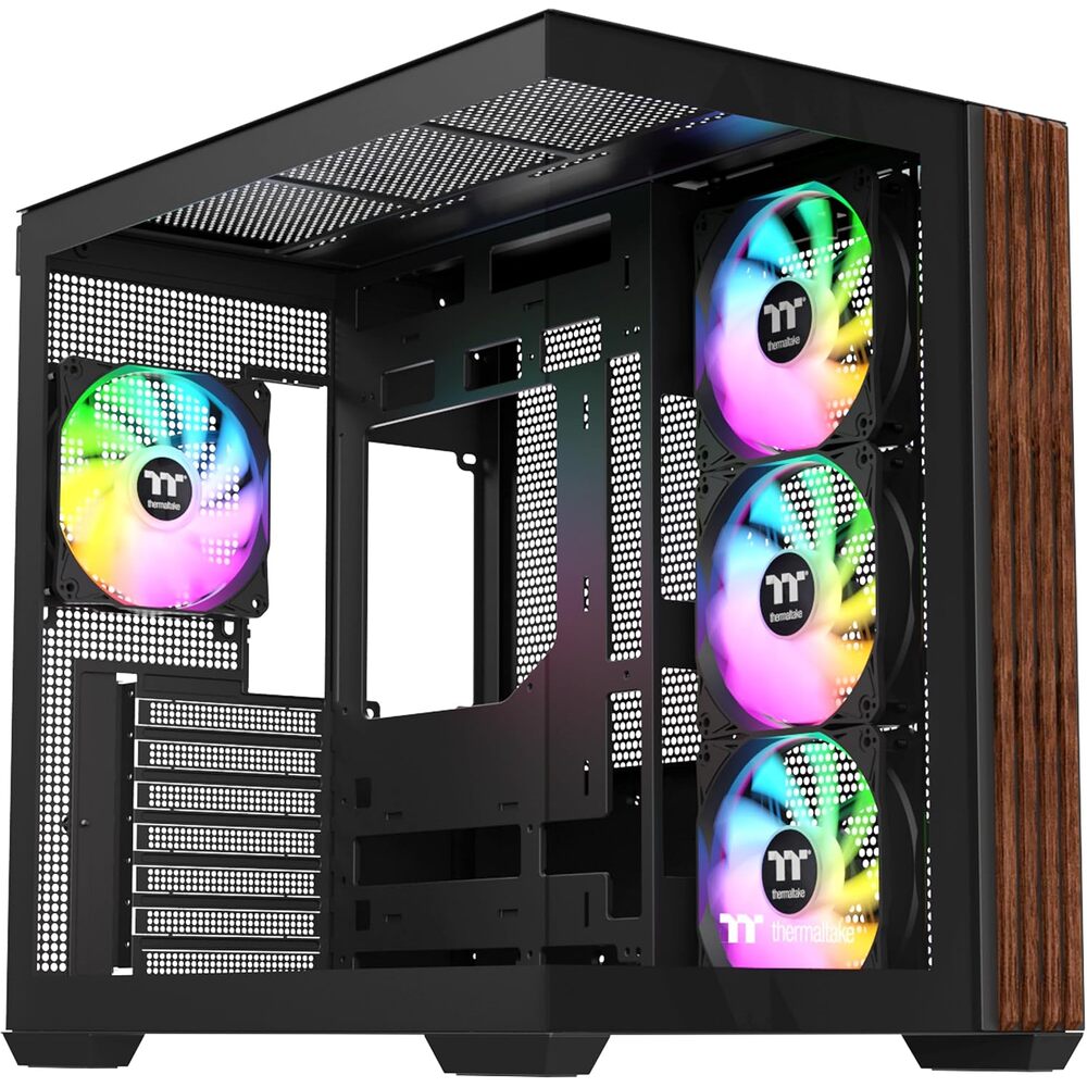 Thermaltake View 380 WS ARGB; Mid Tower Chassis; Side Wood Trim; 4x120mm ARGB Lite Fans Included; 415mm GPU Clearance; Dual Chamber; ATX/mATX/mITX; Hidden Connector Support; Black; CA-1Z2-00M1WN-WS