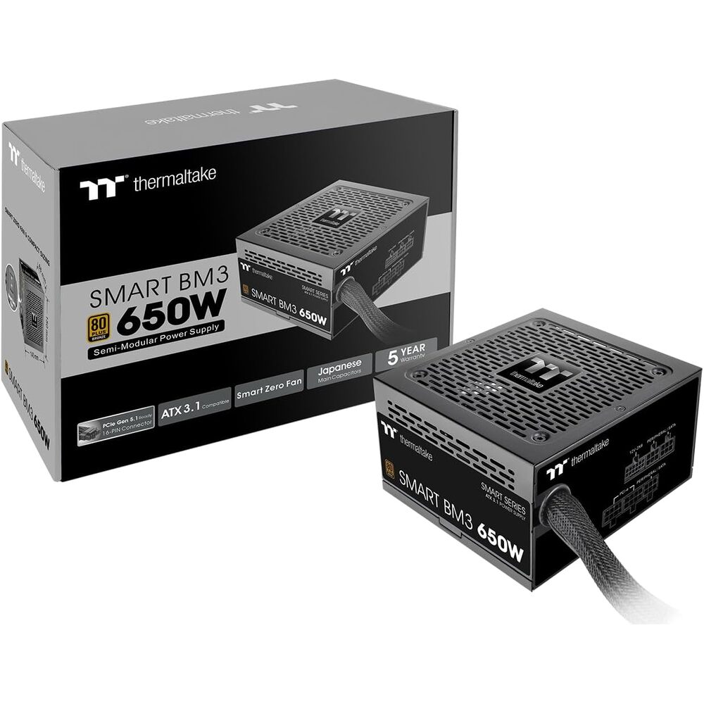 Thermaltake Smart BM3 650W 80Plus Bronze ATX 3.1 & PCIE 5 Ready Semi-Modular Power Supply; 105�C/221�F Japanese Capacitor; 5 Year Warranty; PS-SPD-0650MNFABU-3