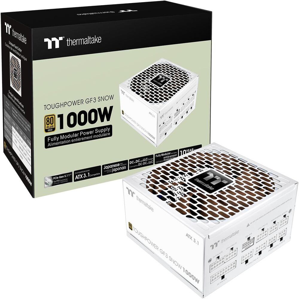 Thermaltake Toughpower GF3 1000W; ATX 3.1; Native PCIe 5.1 12V-2x6; Color Matched Connectors; Japanese Main Capacitors; Colored Custom 135mm Fan; 80 Plus Gold Certified; Snow; PS-TPD-1000FNFAGU-S